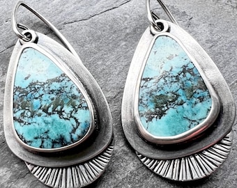 Turquoise Sterling Silver Freeform Earrings | Genuine Natural Turquoise Cabochon Dangle Earrings