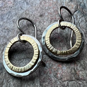 Sterling Silver Mixed Metal Earrings - Hammered Sterling Silver and Brass Earrings