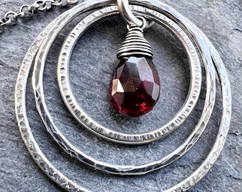 Genuine Garnet Sterling Silver Necklace | Deep Red Teardrop in Hammered Rings Pendant