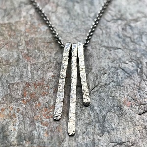 Sterling Silver Three Bar Minimalist Necklace - Hammered Sterling Silver Pendant Suspended on Sterling Silver Chain