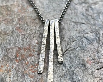 Sterling Silver Three Bar Minimalist Necklace - Hammered Sterling Silver Pendant Suspended on Sterling Silver Chain