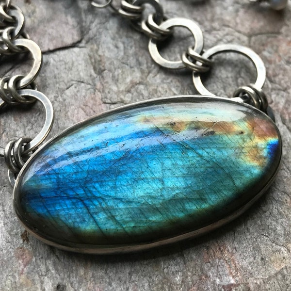 Labradorite and Sterling Silver Necklace - Handmade One-of-a-kind Labradorite Pendant on Handmade Sterling Silver Chain