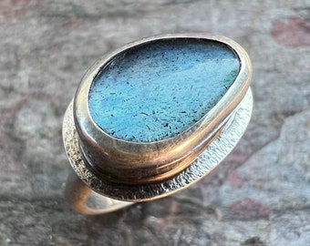 Labradorite Sterling Silver Ring - Handmade One-of-a-kind Labradorite Ring on Silver Silver Band - Size 8