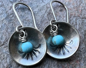 Turquoise Sterling Silver Earrings - Tiny Turquoise Beads in Stamped Sterling Silver Domed Circles