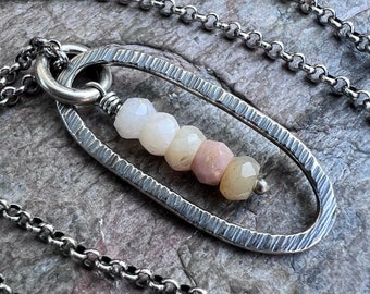 Pink Opal Sterling Silver Necklace - Genuine Pink Opal and Sterling Silver Elongated Pendant on Sterling Silver Chain