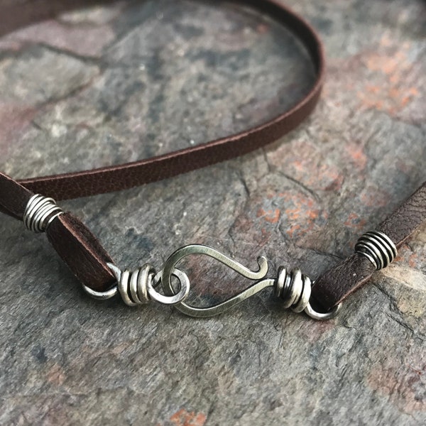 Sterling Silver Leather Cord Necklace with Handmade Sterling Silver Clasp