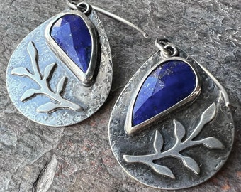 Sterling Silver Lapis Earrings Genuine Lapis Lazuli Blue Natural Stone Teardrop Dangle Earrings One of a Kind Handmade Jewelry