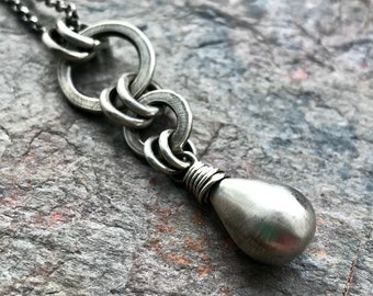 Long Sterling Silver Teardrop Necklace - Handmade Sterling Silver Teardrop and Rings Pendant on Sterling Silver Chain