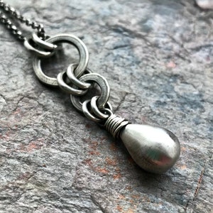 Long Sterling Silver Teardrop Necklace - Handmade Sterling Silver Teardrop and Rings Pendant on Sterling Silver Chain