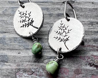 Sterling Silver Turquoise Earrings | Sprig Leaf Dangle Earrings with Genuine Turquoise Beads - Handmade Jewelry Gift for Nature Lover