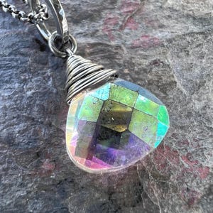 Sterling Silver Mystic Quartz Necklace - Mystic Rock Crystal Quartz Briolette Pendant on Sterling Silver Chain
