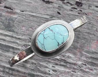 Sterling Silver Turquoise Bracelet | Genuine Natural Turquoise Hammered Cuff Bracelet - Wise Handmade Jewelry
