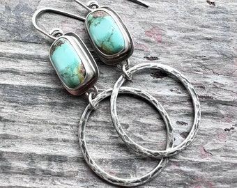 Turquoise Sterling Silver Earrings | Genuine Natural Turquoise and Hammered Hoops - Handmade Jewelry Gift for Her