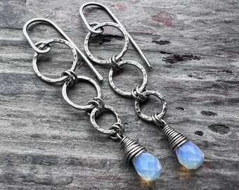 Sterling Silver Opalite Earrings | Opalite Teardrops on Hammered Rings Long Dangle Earrings - Wise Handmade Jewelry