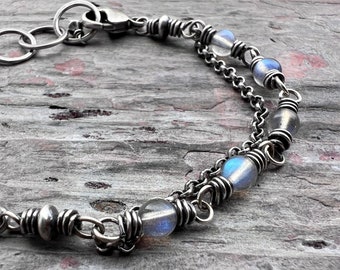 Sterling Silver Labradorite Bracelet | Beaded Natural Stone Adjustable Bracelet