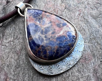 Large Sodalite and Sterling Silver Pendant Necklace - Handmade One-of-a-Kind Teardrop Pendant on Genuine Leather