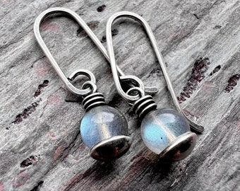 Sterling Silver Labradorite Earrings | Small Labradorite Dangle Earrings - Handmade Jewelry Gift for Her