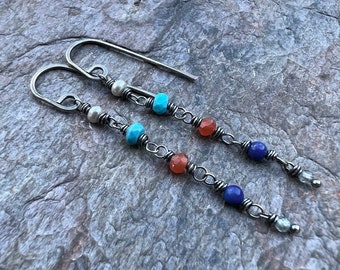 Sterling Silver Natural Stone Earrings Pearl Turquoise Carnelian Lapis Lazuli Zircon Long Dangle Earrings