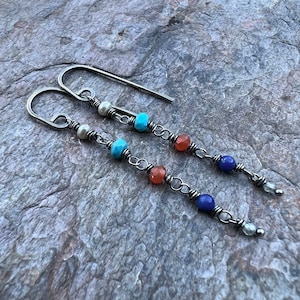 Sterling Silver Natural Stone Earrings | Pearl Turquoise Carnelian Lapis Lazuli Zircon Long Dangle Earrings