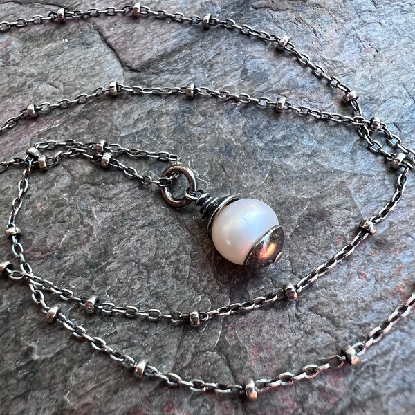 Sterling Silver Pearl Necklace - Small Genuine Fresh Water Pearl Pendant on Sterling Silver Satellite Chain