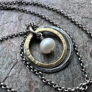 Sterling Silver Mixed Metal Pearl Necklace - Genuine Freshwater Pearl Pendant on Sterling Silver Chain