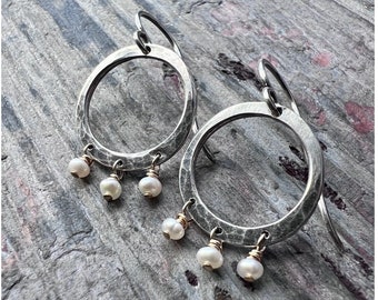 Sterling Silver and 14k Goldfill Pearl Earrings | Hammered Silver Hoops and Genuine Pearl Dangle Earrings - Wise Handmade Jewelry