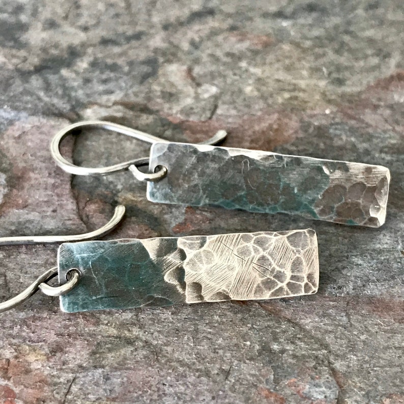 Hammered Silver Rectangle Dangle Earrings Handmade Sterling Etsy