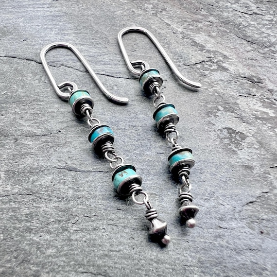 Genuine Turquoise Sterling Silver Earrings | Natural Stone Wire-wrapped Beads Dangle Earrings