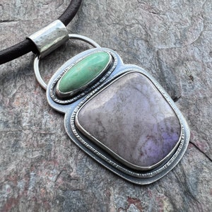 Variscite and Jade Sterling Silver Necklace - Handmade One-of-a-kind Pendant on Genuine Leather