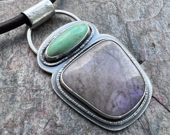 Variscite and Jade Sterling Silver Necklace - Handmade One-of-a-kind Pendant on Genuine Leather