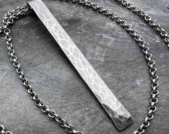 Long Sterling Silver Bar Necklace - Handmade Hammered Sterling Silver Pendant Suspended on Sterling Silver Chain