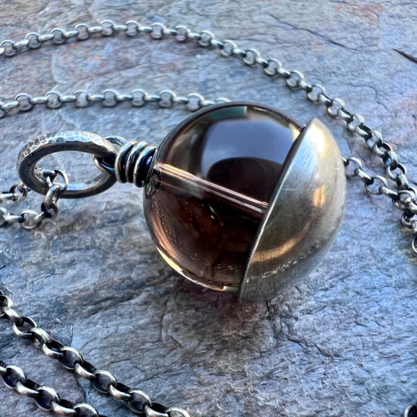 スモーキークォーツ スターリングシルバー ネックレス - スターリングシルバーチェーンにセットされた本物のスモーキークォーツペンダント