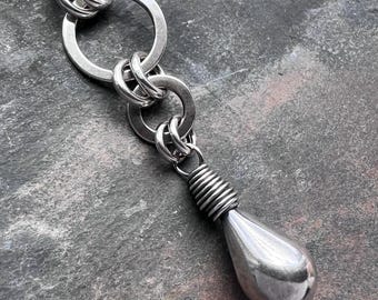 Long Sterling Silver Teardrop Necklace - Handmade Sterling Silver Teardrop and Rings Pendant on Sterling Silver Chain