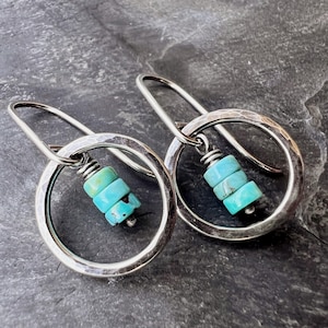Turquoise Sterling Silver Earrings - Genuine Turquoise in Hammered Circles