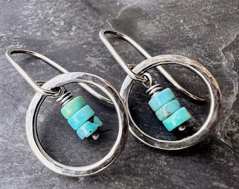 Turquoise Sterling Silver Earrings - Genuine Turquoise in Hammered Circles