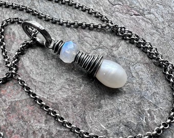 Rainbow Moonstone and Pearl Sterling Silver Necklace - Genuine Pearl and Rainbow Moonstone Pendant on Sterling Silver Chain