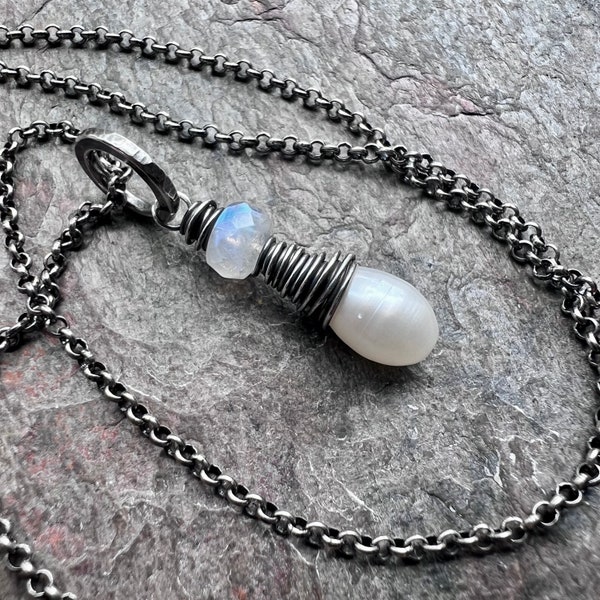 Rainbow Moonstone and Pearl Sterling Silver Necklace - Genuine Pearl and Rainbow Moonstone Pendant on Sterling Silver Chain