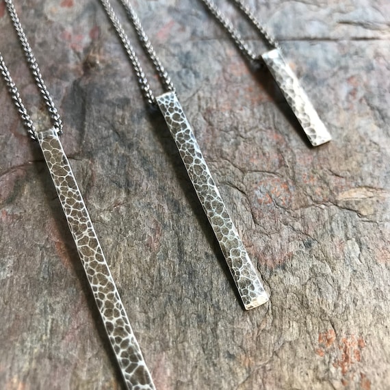 Long Sterling Silver Bar Necklace - Handmade Hammered