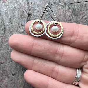 Sterling Silver Mixed Metal Pearl Earrings Genuine Pearls in Hammered Silver and Brass Dangle Earrings image 2