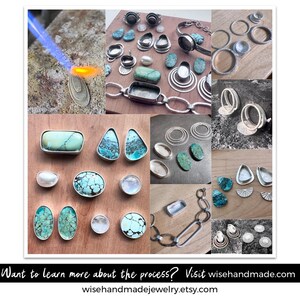 May include: A collage of handmade jewelry components and finished pieces. The image features turquoise stones, silver rings, and a chain. A jeweler's torch is used on a piece. The text reads: "Want to learn more about the process? Visit wisehandmade.com".