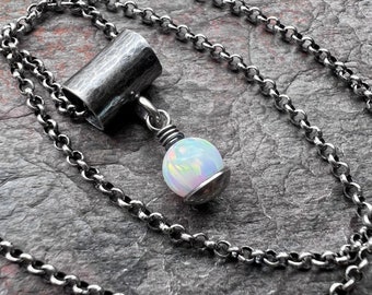 Sterling Silver and Simulated Opal Necklace - Simulated Opal Pendant on Sterling Silver Chain