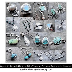 May include: A collection of handmade silver jewelry featuring turquoise, moonstone, and pearl accents. The assortment includes necklaces, earrings, rings, and bracelets. The jewelry is displayed on a gray stone surface. Sign up for the newsletter for a 10% off welcome offer.