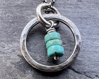 Turquoise Sterling Silver Necklace - Genuine Turquoise in Hammered Circle Pendant on Sterling Silver Chain