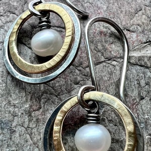 Sterling Silver Mixed Metal Pearl Earrings Genuine Pearls in Hammered Silver and Brass Dangle Earrings image 6