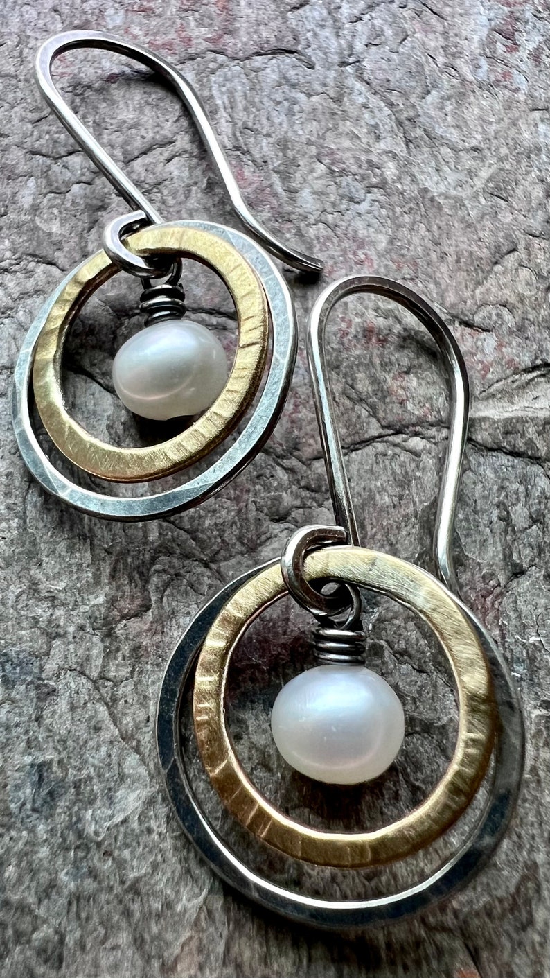 Sterling Silver Mixed Metal Pearl Earrings Genuine Pearls in Hammered Silver and Brass Dangle Earrings image 6