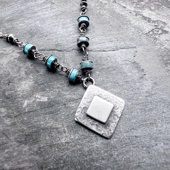 Genuine Turquoise Sterling Silver Necklace | Natural Stone Wire-wrapped Beads with Silver Diamond Pendant