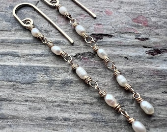 14k Goldfill Pearl Earrings | Long Genuine Pearl Gold or Silver Dangle Earrings - Wise Handmade Jewelry