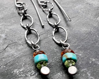Peridot, Turquoise, Garnet, and Sterling Silver Lightweight Dangle Earrings