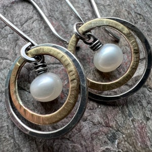 Sterling Silver Mixed Metal Pearl Earrings Genuine Pearls in Hammered Silver and Brass Dangle Earrings image 4
