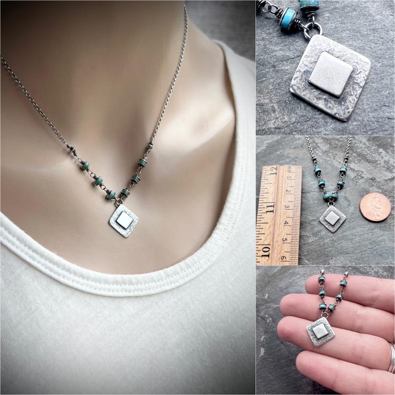 May include: Silver necklace with a diamond-shaped pendant and turquoise beads. The pendant has a textured surface with a smaller square in the center. The necklace is shown on a person wearing a white shirt.